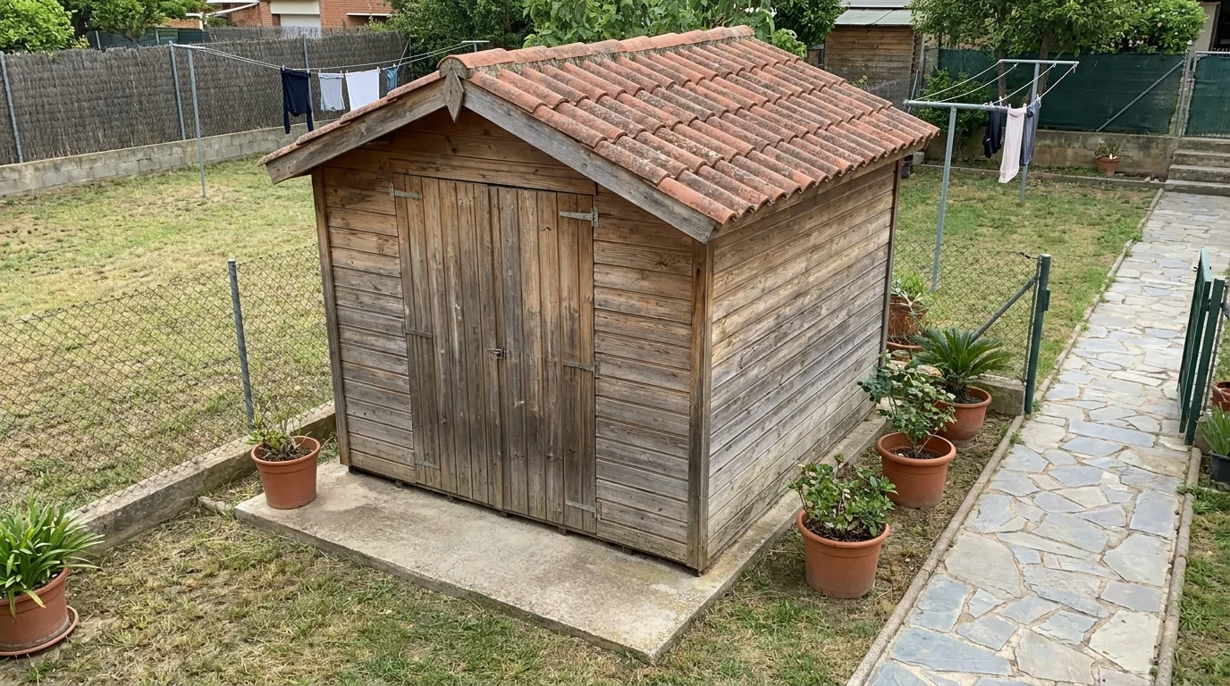 Caseta de madera tratada con base nivelada en jardín de Cataluña