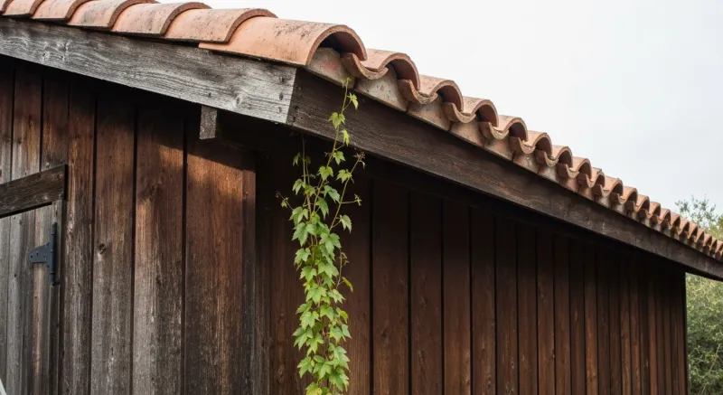 Detalle de cedro en caseta de jardín con cubierta de terracota en Cabrils