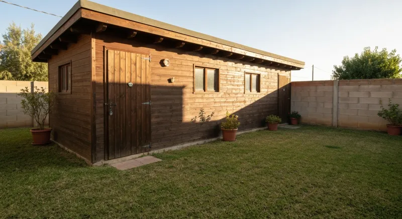 Caseta de madera con doble puerta entreabierta sobre losa de hormigón en Calaf